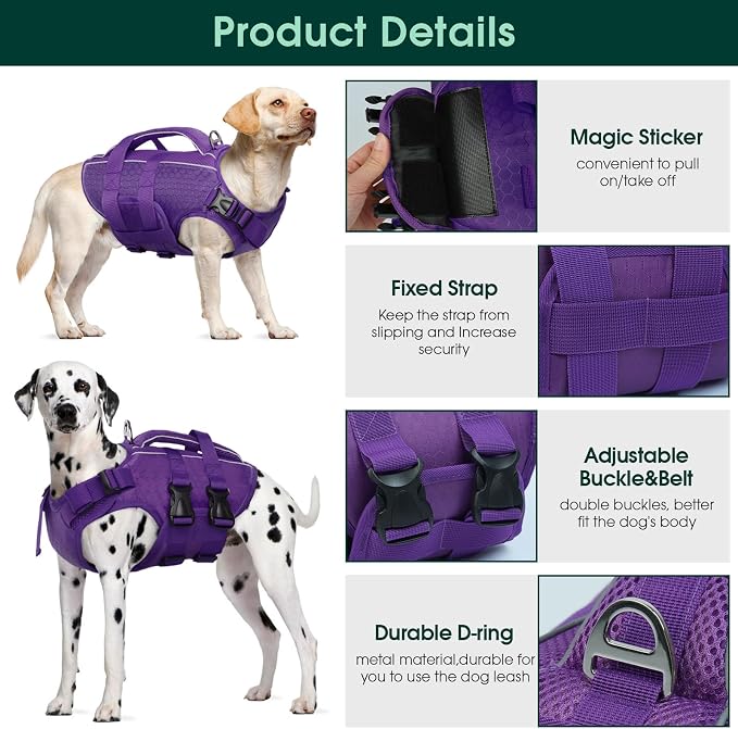 Kuoser Dog Life Jacket, High Flotation Reflective Dog Life Vest, Purple, XS | Adjustable Dog Lifejackets for Small Medium Large Dogs, Lifevest with Rescue Handle for Swimming, Boating, Lake, Beach & Pool