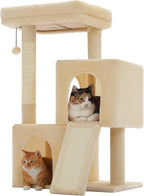 PAWZ Road Cat Tree, 35" Cat Tower with Dual Condos for Indoor Cats, Beige | cat tree tower with enlarged perch, scratching ramp, dual condos and large base for small & adult cats