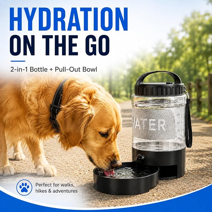 Portable Dog Water Bottle with Travel Bowl, 98 oz/2.8 L, Black | 2-in-1 portable dog water bottle with pull-out bowl; BPA-free plastic, silicone seal, wide mouth and grip for hikes or travel