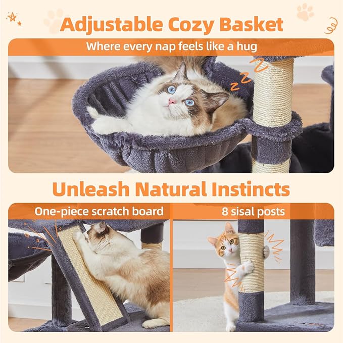Taoqimiao Sturdy Cat Tree, 58In Cat Tower for Indoor Cats Large Adult | Spacious Cat Condo, 2 Cute Perches, Metal Frame Hammock, 1 Scratch Board, 8 Natural Sisal Posts, Basket, Smoky Gray, MS026G