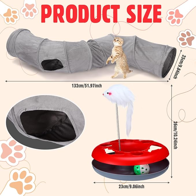 12pcs Cat Tunnel Set Large Collapsible Pet Tunnel Tube S-Shaped Maze Cats Indoor Cat Toy with Stick Pet Blanket Turntable Toy Balls Mice Fish and Noise Paper Ball Kitten Exercise Play