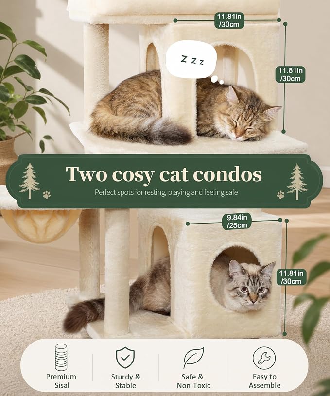 68 Inches Heavy Duty Cat Tree for Indoor Cat, Big Cat Tower | Cat Houses & Tree Tower with 2 Condos, Sisal Scratching Posts & Large Platform for Indoor Cats Large Adult, Beige