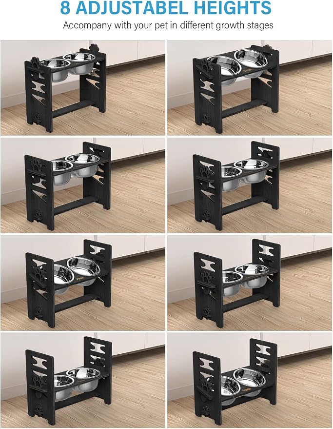 Vantic Elevated Dog Bowls, Raised Bowl Stand Adjustable Large/XLarge, Black | Bamboo Elevated Feeder with 2 Stainless Steel Bowls, Adjustable Height Stand for Large and Extra-Large Dogs