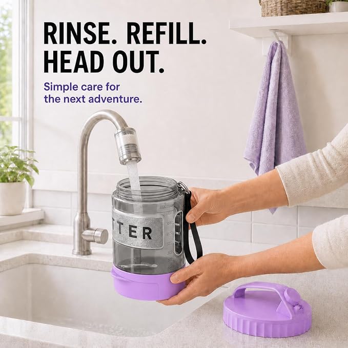 Portable Dog Water Bottle with Travel Bowl, 77 oz/2.2 L, Purple | 2-in-1 portable dog water bottle with pull-out bowl; BPA-free plastic, silicone seal, wide mouth and grip for hikes or travel