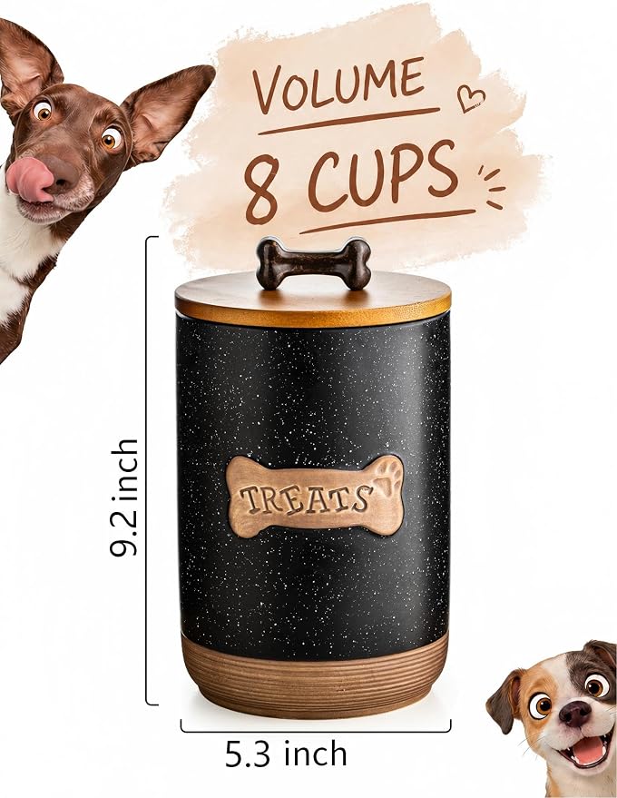 Miamolo Dog Treat Container, Dog Treat Jar for Countertop Airtight Seal Lid | Ceramic, 8 Cups, Wooden Lid, Cast-iron Handle | Dog Food Storage Container, Decorative Dog Cookie Canister, Bone Dotted Black