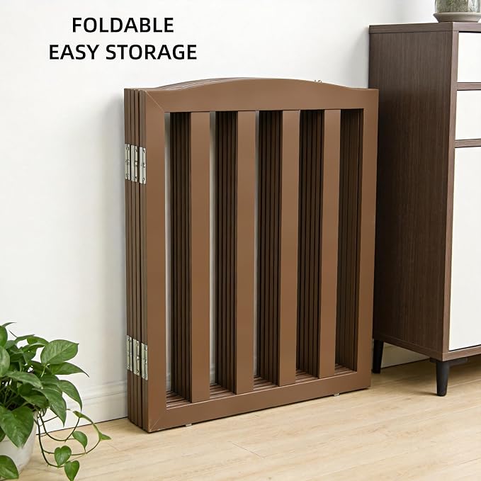 ZJSF Foldable Freestanding Indoor Dog Gate for House Wood Long Pet Gates Dog Fence for Stairs Puppy Gates for Hallways, Puppy Gate,Support Feet Included, Brown, 24 "Height-2 Panels