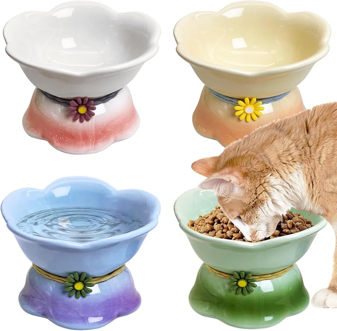 Kathson 4 Pcs Ceramic Raised Cat Food Bowls Elevated Kitty Bowl for Food and Water Anti Vomiting Tilted Cat Bowl for Kittens and Small Dogs Dishwasher and Microwave Safe (8.45 Ounces)