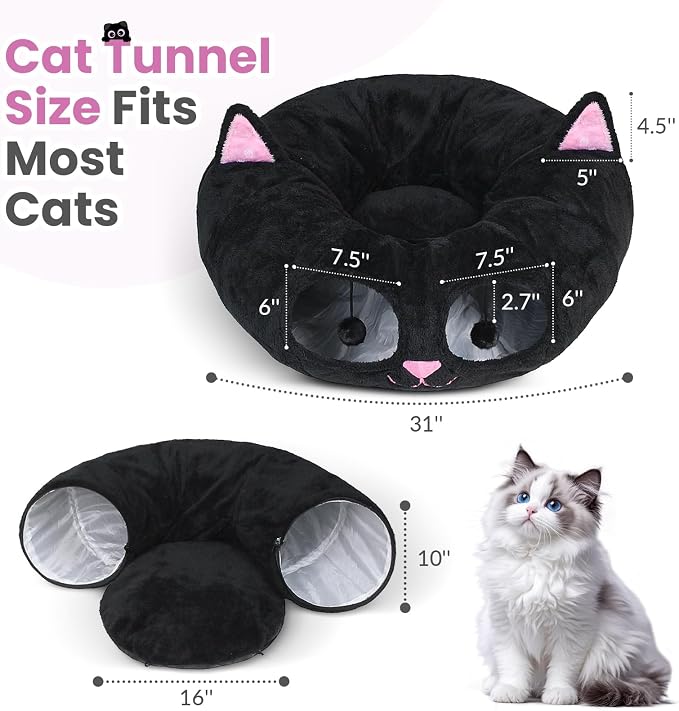 Baseola Fuzzy Cat Tunnel Bed for Indoor Cats, 2-in-1 Interactive Cat Toys | Peekaboo Cat Cave with Washable Mat, Collapsible Cat Play Tunnel for Kittens & Small Pets, Cat Donut Bed Tunnel, Black Pink