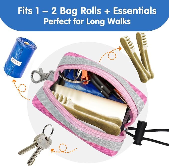 Dog Poop Bag Holder for Leash, Large-Capacity Canvas Pouch, Pink | Holds one bag roll, keys, treats, and small essentials with quick access, secure straps, and water-resistant canvas