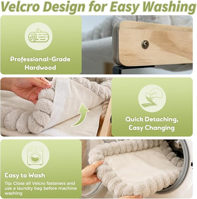 Teabelle Double Layer Cat Window Perch with 3 Interchangeable Mats | Bedside Sleeper, Adjustable Solid Wood Tree Cat Hammock for Small & Medium Breeds, Sturdy Window Bed(Plush, Sisal, Canvas)