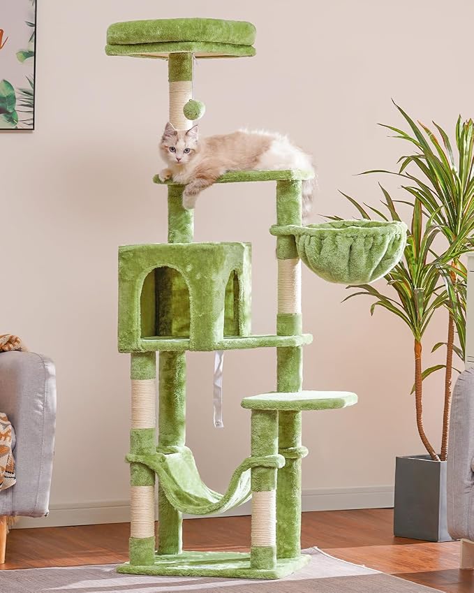 Hey-brother Cat Tree with Large Hammock, Multi-Level Cat Tower for Indoor Cats, Cat Condo with Sisal-Covered Scratching Posts and Top Perch, Green MPJ050GR