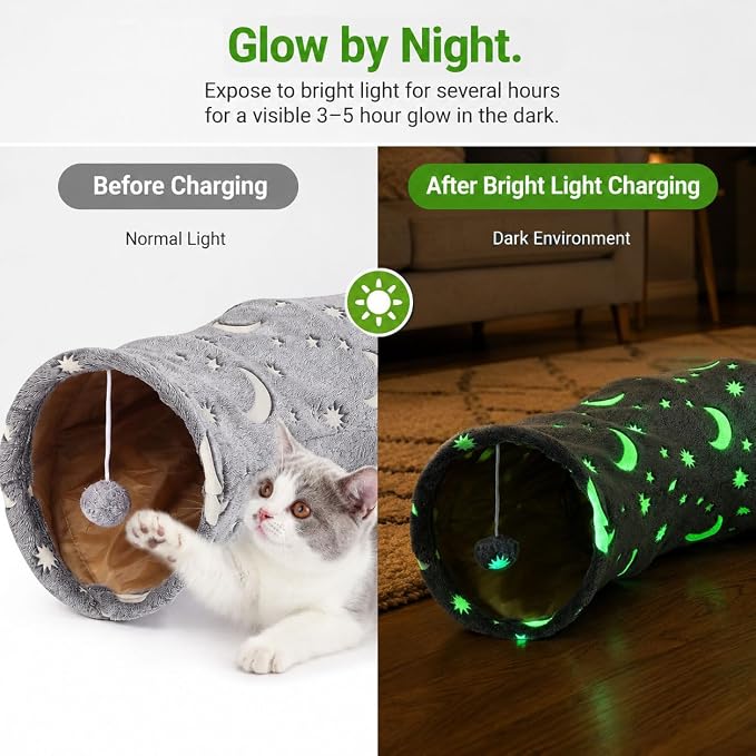 Cat Tunnel Tube with Plush Ball Toys Collapsible Self-Luminous Photoluminescence, for Small Pets Bunny Rabbits, Kittens, Ferrets,Puppy and Dogs Grey Moon Star (S-Shape)