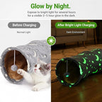 Cat Tunnel Tube with Plush Ball Toys Collapsible Self-Luminous Photoluminescence, for Small Pets Bunny Rabbits, Kittens, Ferrets,Puppy and Dogs Grey Moon Star (S-Shape)