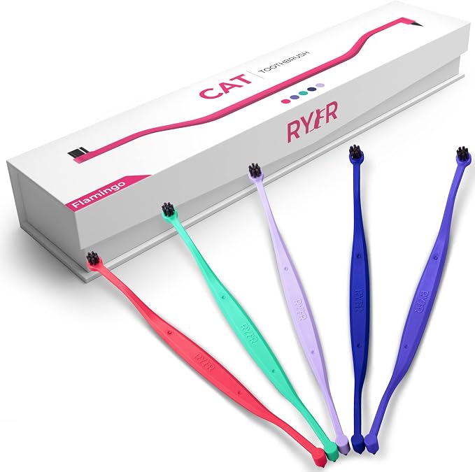 Flamingo Dual Sided Cat Toothbrush - Micro Head ToothBrush to fit into Cat's Mouth - Cat Dental Supplies | Cat toothbrush made from cornstarch plastic with micro head, soft bristles, and molar pick for cats and kittens