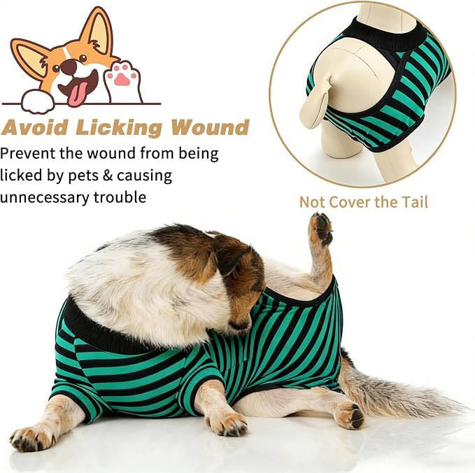 2 Packs Breathable Cotton Dog Recovery Suit for After Neuter Spay Abdominal Wounds Protector, Professional Anti-Licking Onesies for Male Female Pets Surgery Bandages, 2XL Striped Yellow Green