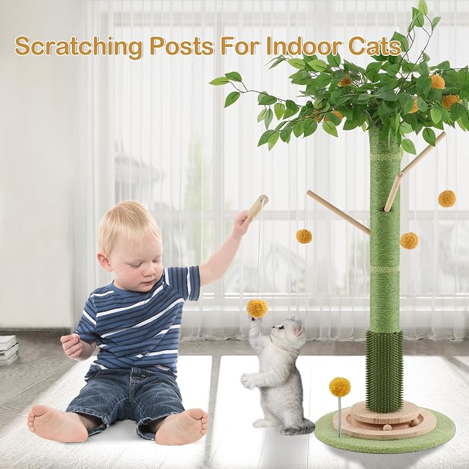 46" Tall Cat Scratching Post, Natural Sisal Cat Tree for Indoor Adult Cats | Vertical Cat Scratch Post for Body Stretching, Self-groomer Brush, Stable 3-layer Solid Wood Base, Interactive Ball Track Toy