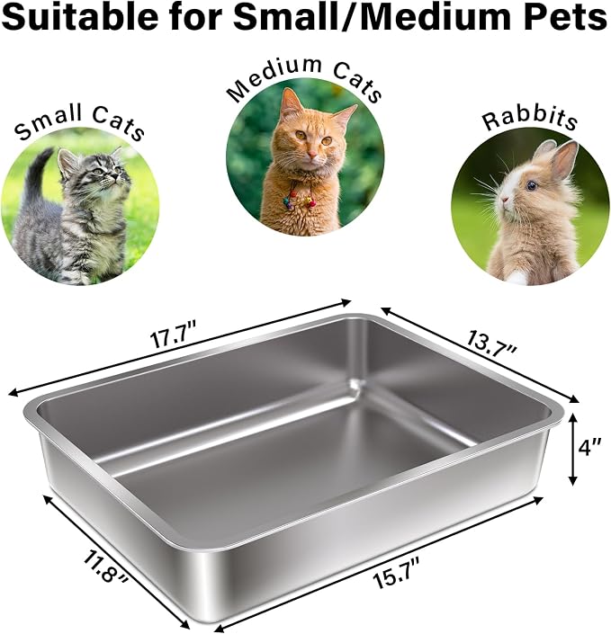 Stainless Steel Litter Box,Metal Cat Litter Box for Kitten | 17.7" L x 13.77" W x 4" H Metal Litterbox for Elderly Cats,Non Stick, No Smell, Easy Entry,Easy to Clean