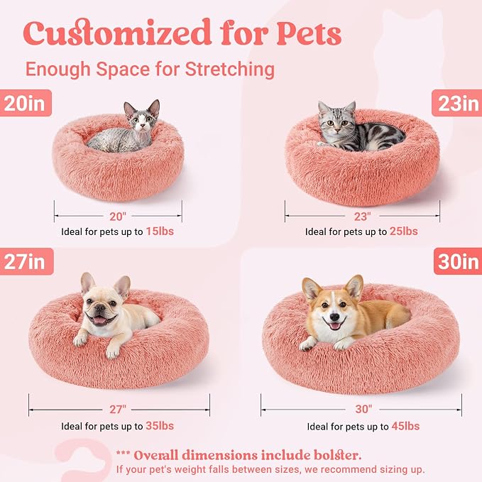 rabbitgoo Calming Cat Beds for Indoor Cats, 27 inches, Pink | Soft Warm Donut, Fluffy Faux Fur, Supportive Raised Rim, Anti-slip, Machine Washable, Up to 35lbs Pets