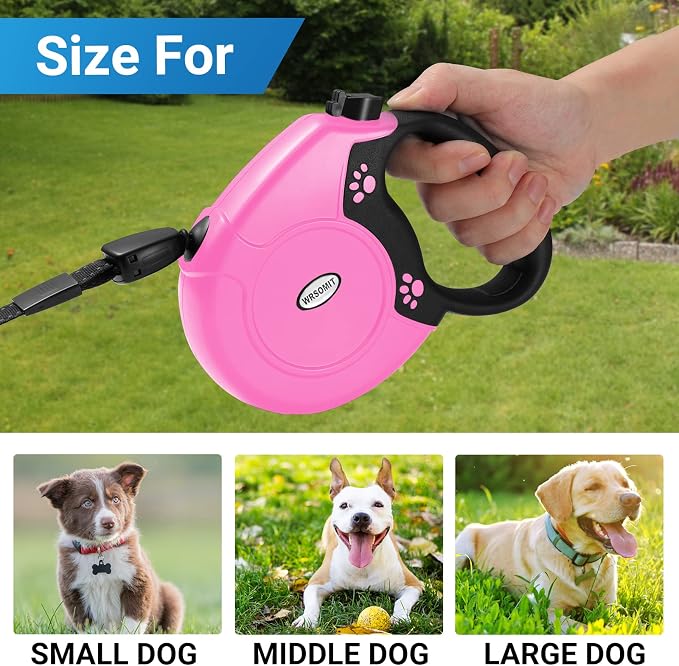 360°No Tangle 26 Ft Retractable Dog Leash for Dogs up to 99lbs | Heavy Duty Pet Walking Leash for Small Medium Large Dogs, Anti-Slip Handle, Strong Nylon Tape, One-Handed Brake, Pink