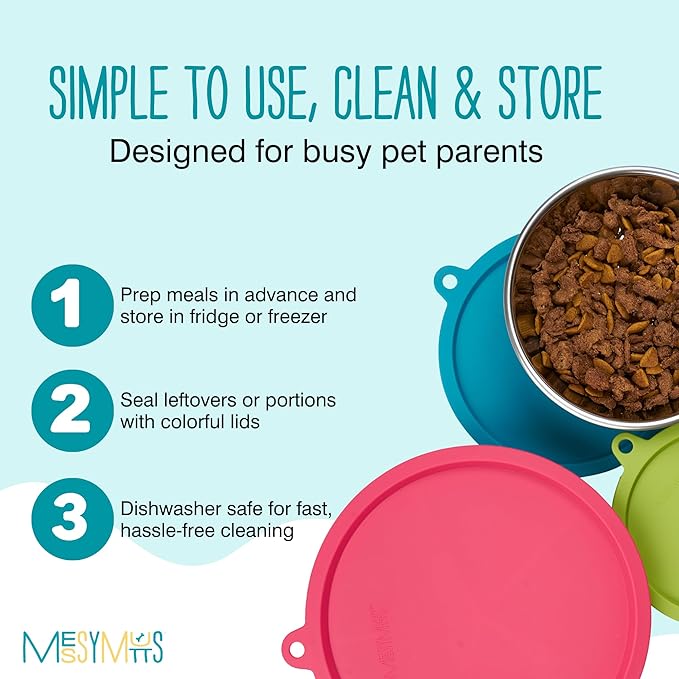 Messy Mutts 6 Piece Set, 3 Stainless Bowls and 3 Silicone Lids, Medium | Set Of Three Stainless Dog Bowls And Three Airtight Silicone Lids For Meal Prep, Storage, And Travel