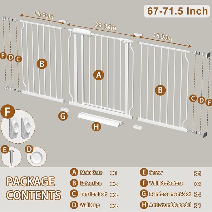 Fairy Baby 67-71.5 Inch Extra Wide Baby Gates Auto Close Child Safety Gates | Pressure Mounted No Drill Pet Gate with Door for Stairway Doorways Hallway, Indoor Double-Lock Metal Dog Gates, White
