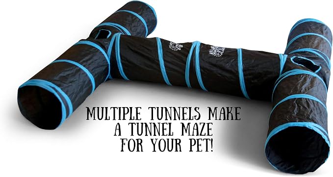 Premium 3 Way Cat Tunnel. Extra Large 12 Inch Diameter and Extra Long. A Big Collapsible Play Toy. Wide Pet Tunnel Tube for Other Pets Too! (3 Way Two Pack + Teaser Wand!)