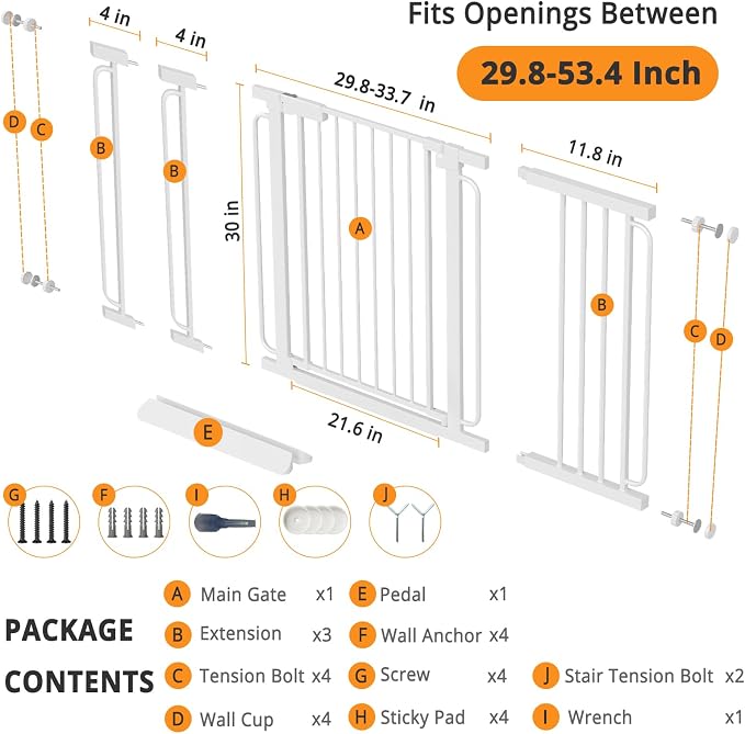 Wide Baby Gate for Stairs 29.8-53.4 Inch Pressure Mounted, Auto Close Child Baby Gates for Doorways No Drill, Walk Through Dog Gate Indoor for The House, White