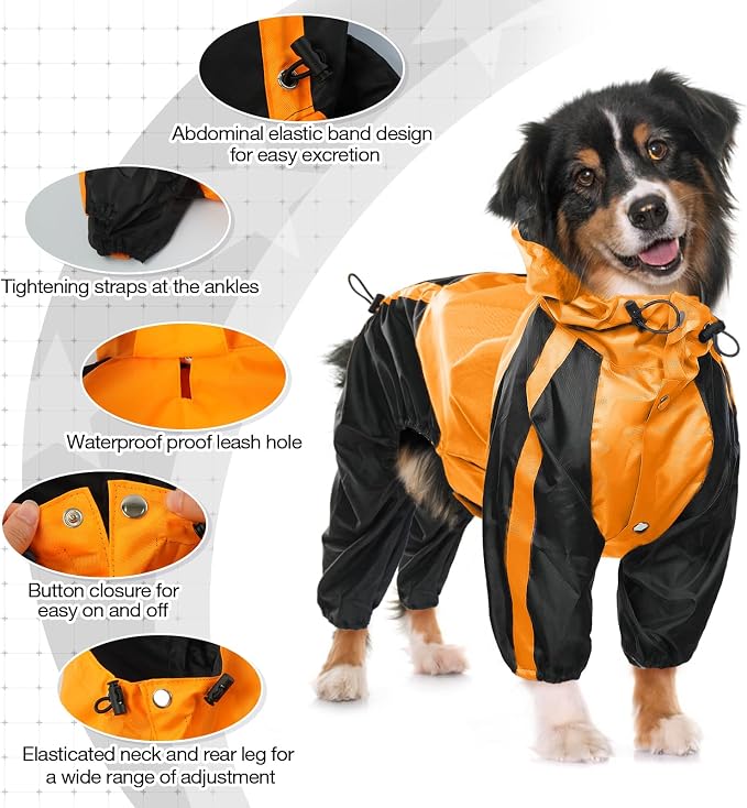 Dog Raincoat, 4 Leg Waterproof Dog Rain Jacket with Hood, Orange M | Rain Coat For Small Dogs, Doggy Poncho With Leash Hole, Snap Buttons, For Rainy Snowy Weather Walks, Hiking, Camping