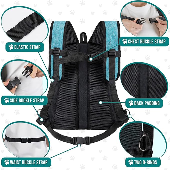 PetAmi Adjustable Cat & Dog Chest Carrier Backpack, Ventilated for Hiking & Camping, Max 15 lbs, Teal Blue