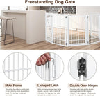Metal Freestanding Dog Gate with Door, Extra Wide 121", 31" Height Foldable for Doorways, Tall Fence Indoor Pet Barrier for Stairs Hallways, 6 Panels, White