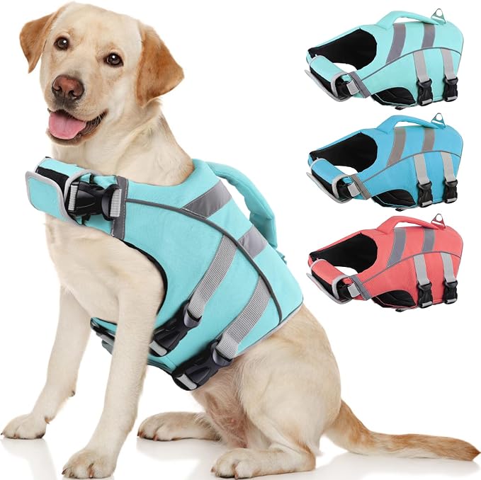 Kuoser Reflective Dog Life Jacket, Dog Life Vest for Swimming Boating | Adjustable Pet Lifejackets, High Flotation Doggie Swimsuit with Rescue Handle for Small Medium Large Dogs