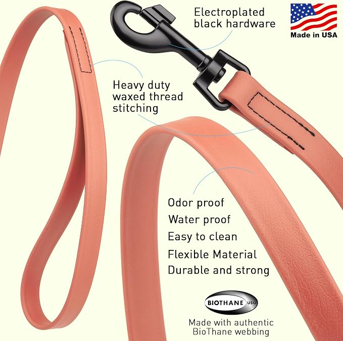 Dogline Biothane Waterproof Dog Leash Strong Coated Nylon Webbing with Black Hardware Odor-Proof Easy to Clean High Performance for Small or Large Dogs Made in USA 4 or 6 ft Lead, Coral