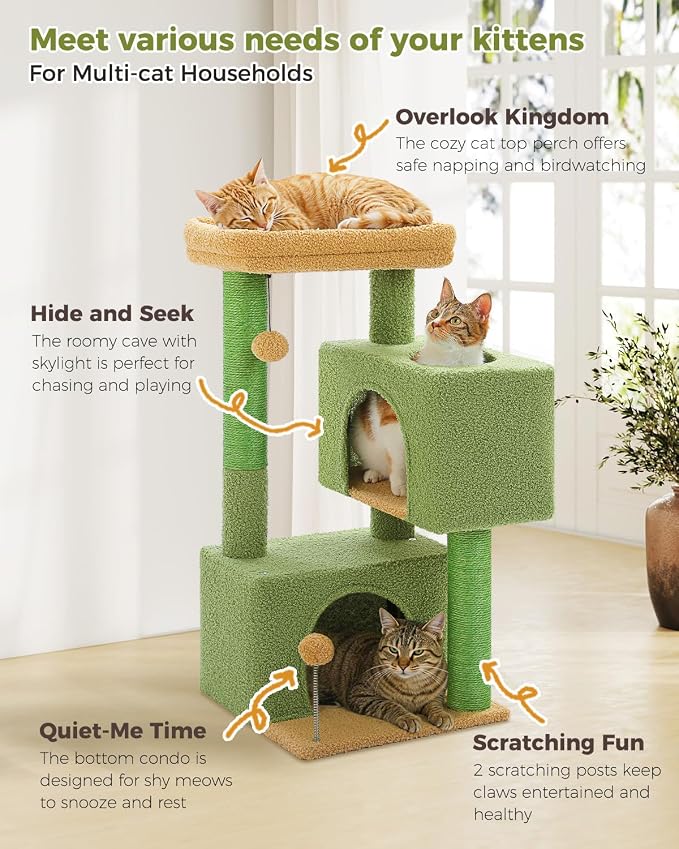 Small Cat Tree for Kittens, 32 in Cat Tower with 2 Cozy Condos | Multi-Level Cat Tree with Scratching Posts, Soft Padded Perch, 2 Dangling Toys