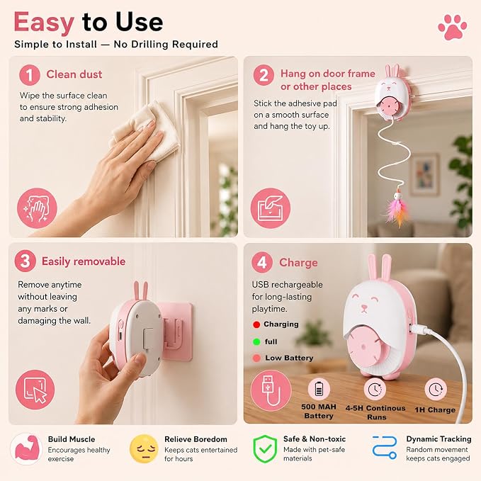Interactive Cat Toys for Indoor Cats,Automatic Hanging Door Cat Teaser Feather Toy with 6 Accessories,2 Modes,Auto Pause & USB Rechargeable Electric Cat Chase Toy,Safe for Bored Adult Kitten-Pink