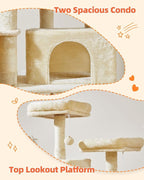 Taoqimiao Cat Tree, 66.2 in Tall Cat Tower with 2 Plush Cat Condos | 7 Scratching Posts, 2 Top Perches, Cozy Hammock & Basket, Indoor Cats, 2 Pompoms & Mouse Toy, Beige, MS013M