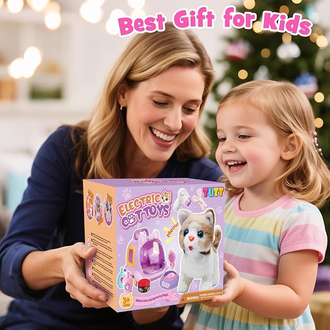 TUZT 17 PCS Cat Toys for Kids Girls, Realistic Walking Meowing Robot Cat Plush with Accessories, Pretend Play Pet Care Playset Toddler Girl Toy for 3 4 5 6 7 8, Birthday Gift for little Girl 3-8 Years