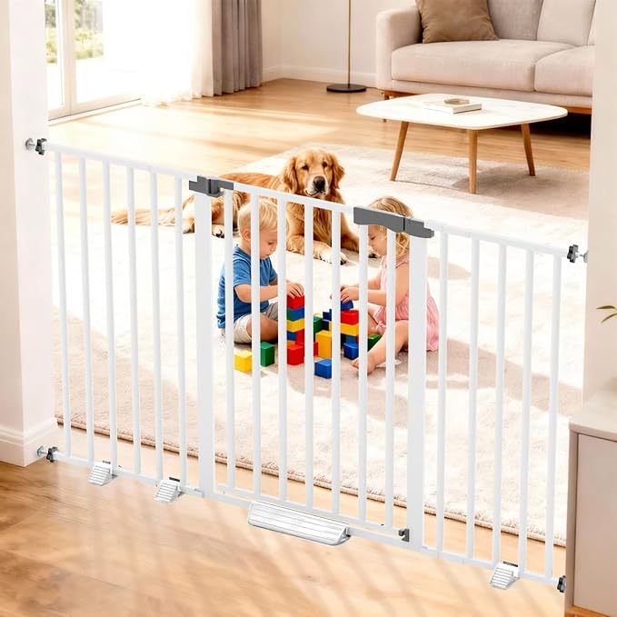 41'' Extra Tall Baby Gate for Large Dogs Pets Indoor No Jumping Over, 30-40.9'' Wide Heavy Duty Puppy Gate for Doorways, Pressure Mounted Metal Gate for Child Toddler No Tools Needed(White)