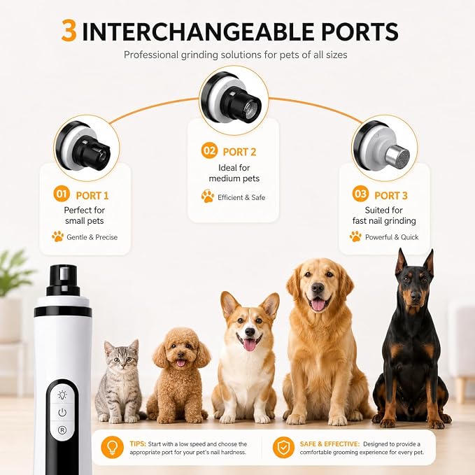 Silent Pet Nail Grinder Pro, 2026 New Dog and Cat Nail Trimmer with LED Light and 3 Speed Settings, Suitable for Thick and Long Nails(1+2*Replacement Head)