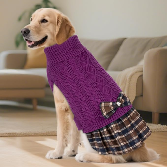 KYEESE Dog Sweater Dress Turtleneck Thick Knit Pullover for Cold Weather | Stretchy Fit, Lightweight & Warm, Cozy Knit Comfort, Cute Bow Accent, Gentle on Sensitive Skin, Comfortable Daily Wear