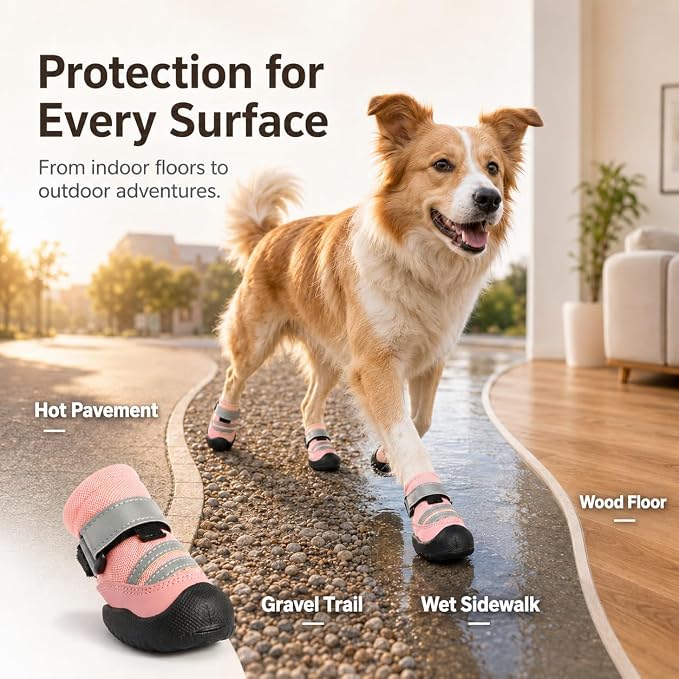 Dog Boots, Waterproof Dog Shoes with Reflective Straps, Rugged Anti-Slip Sole Paw Protectors for Medium Large Dogs, Breathable Pet Booties for Hot Pavement, Snow, Hiking, 4Pcs