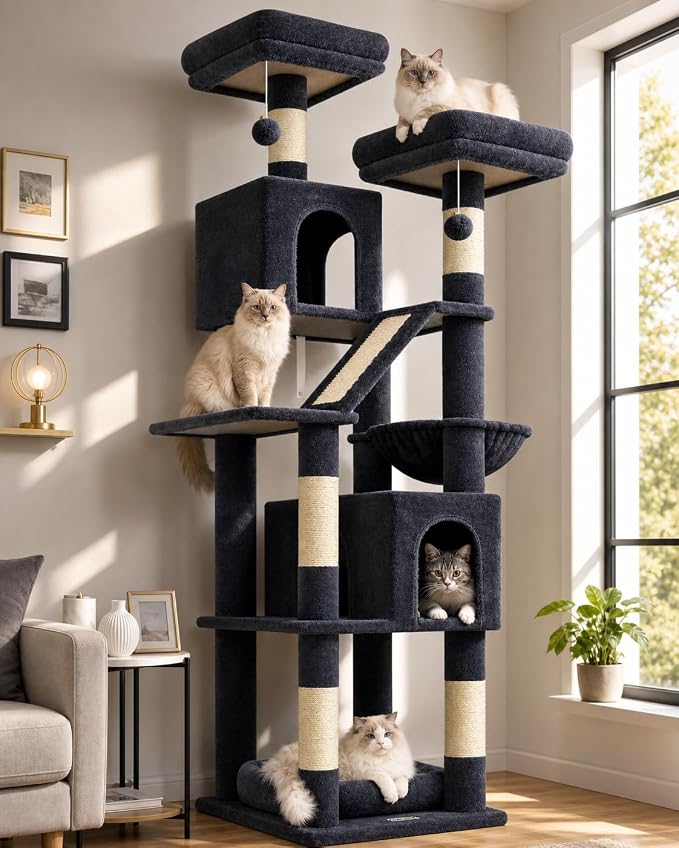 Globlazer F74D Cat Tree for Large Cats 20+ lbs, 74in Tall Tower, Dark Grey | Easy Assembly, Maine Coon, Large Cats, 2 Condos, Steel-Rim Basket Bowl, Plush Bed, 2 Perches, Sisal Posts, Anti-Topple Strap