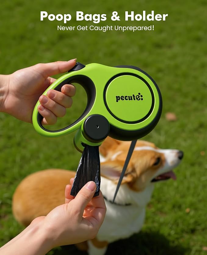 Pecute 16.4ft Retractable Dog Leash with 1.6ft Chew Proof Steel Cable | For Power Chewers & Pullers, Heavy Duty Locking for Medium/Large Dogs 33lbs-110lbs, Anti-Tangle & Poop Bag Holder Included