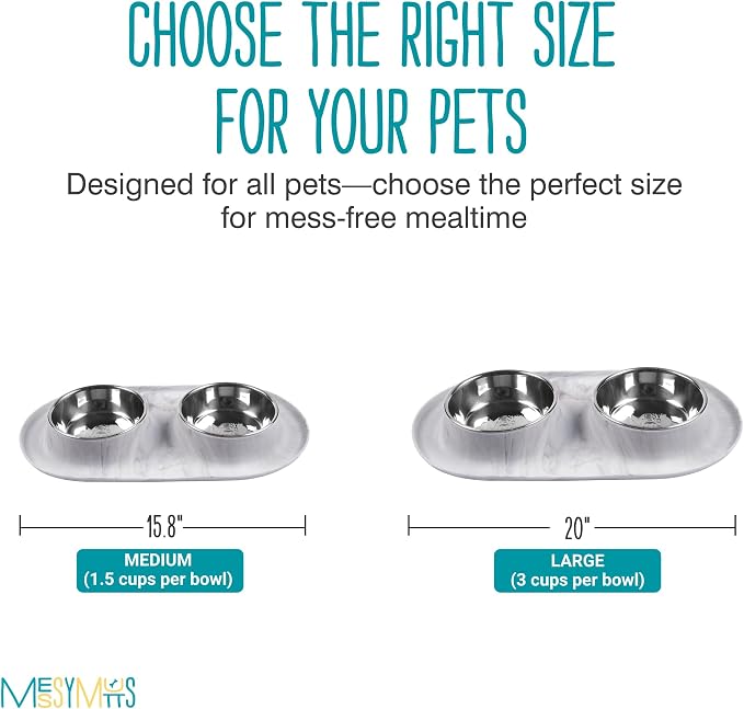 Messy Mutts Double Silicone Dog Feeder, Stainless Bowls, Medium, Marble | Non-Slip Silicone Double Dog Feeder With Two Removable Stainless Steel Bowls For Food And Water
