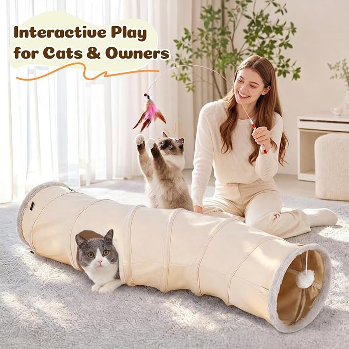 Ownpets S-Shape Cat Tunnel Toy 48"L x 12"D, for Cats, Puppies & Small Pets | Collapsible for storage, tear-resistant oxford fabric, connects to other tunnel, with peek hole, feather wand, indoor/outdoor