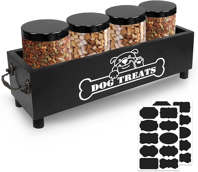 Large Dog Treats Container, Dog Cookie Jar for Dogs Cat Treats Container, Farmhouse Wood Pet Treats Storage Organizer for Dog Food Storage Container with 4 Jars, Cat Dog Treat Organizer