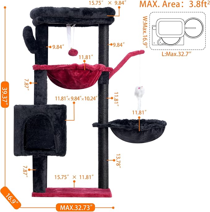 Heybly Cat Tree, 40" Tower with All-Sisal Wrapped Scratching Post HCT006SBR | Cat Tower for Indoor Cats, Cat Condo with Soft Platform, 2 Baskets and Dangling Toy, Black and Red