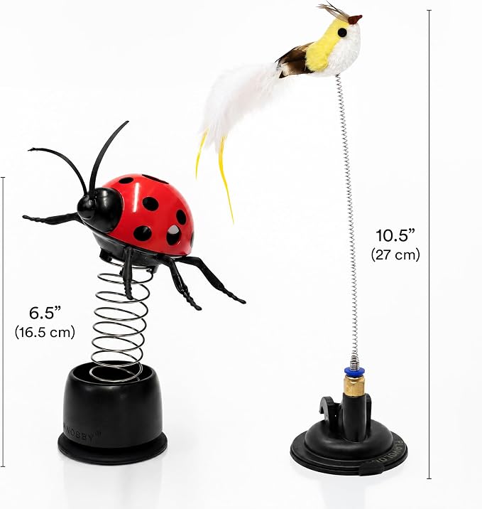 Playology Cat Toys | Limited Edition Toys - Suction Cup Springbird with Feathers & Pop-Up Ladybug Treater | Interactive Fun for Indoor Cats