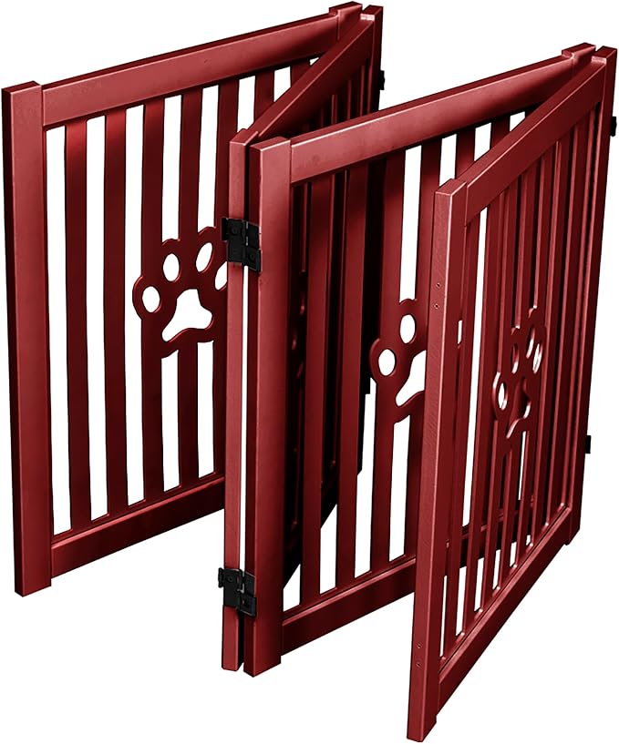 4 Panel Dog Gate - Mahogany - Foldable Wooden Freestanding Pet Gate, 80" L x 23.6" H, for Doorways, Halls & Stairs, 360 Degree Rotated Hinges