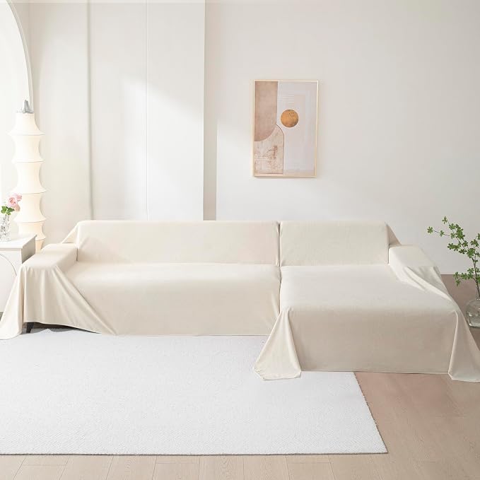 Couch Cover for 3 Cushion Sofa Washable, Cat Scratch Proof Sofa Covers, Furniture Protector L Shape Sofa Slipcovers Soft Sectional Couch Covers for Dogs, 71" x 134", Creamy White