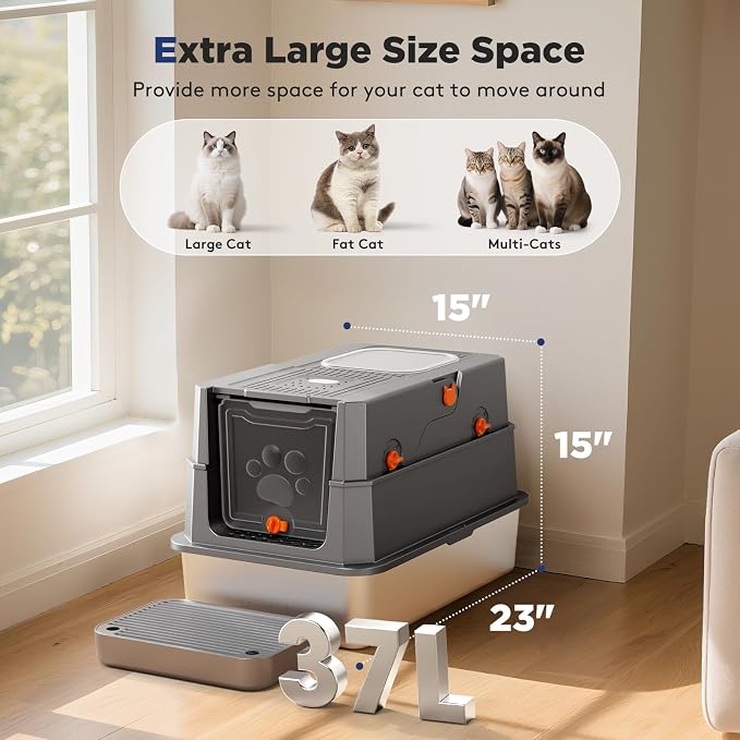 FURTIME Stainless Steel Litter Box with Lid, Enclosed Metal Cat Litter Box | XL Extra Large, Cat Box with High Sided Enclosure & Scoop, Big Cats, Front & Top Entry, Odor Free, Anti-Leakage, Grey